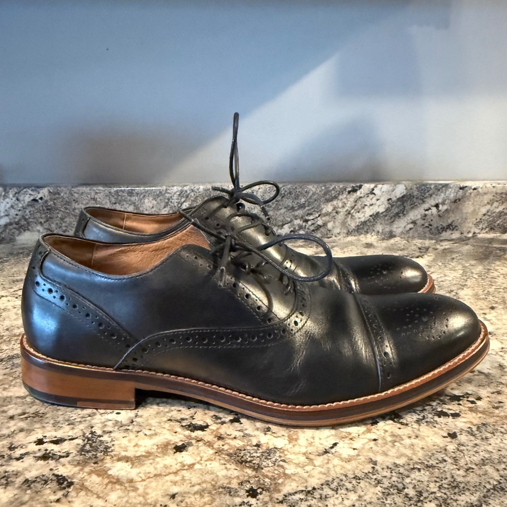 Johnston & Murphy Black Leather Cap-Toe Derby with Brogue Detailing